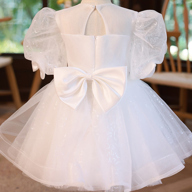 White Organza Princess Flower Girl Dress - Puff Sleeves
