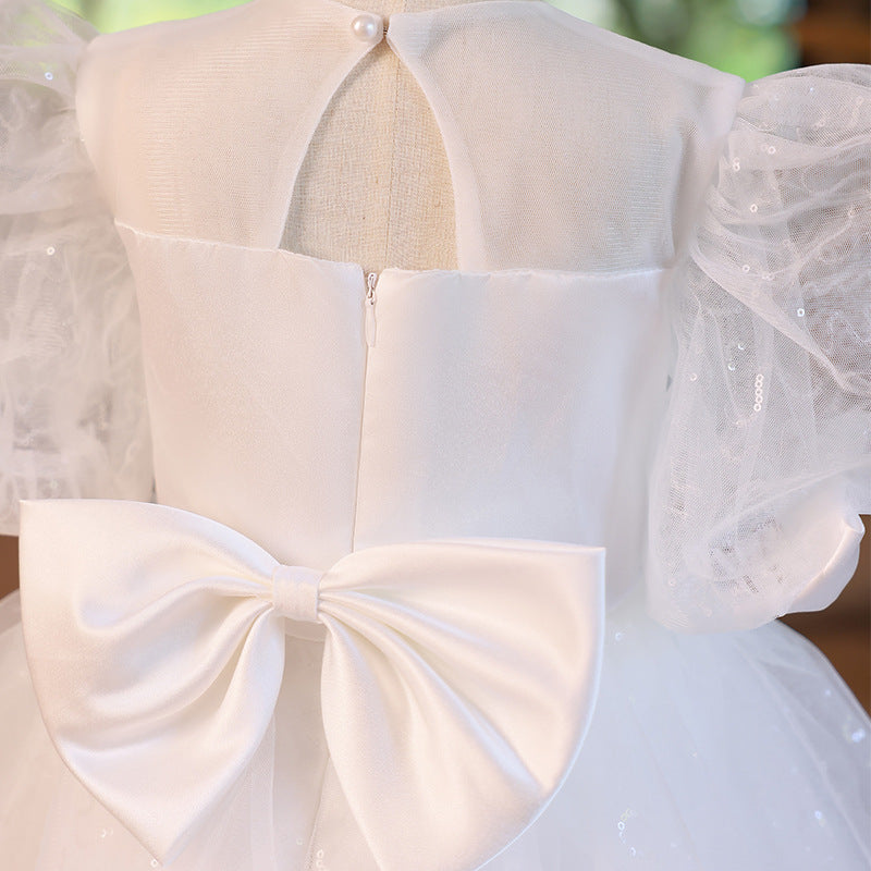 White Organza Princess Flower Girl Dress - Puff Sleeves