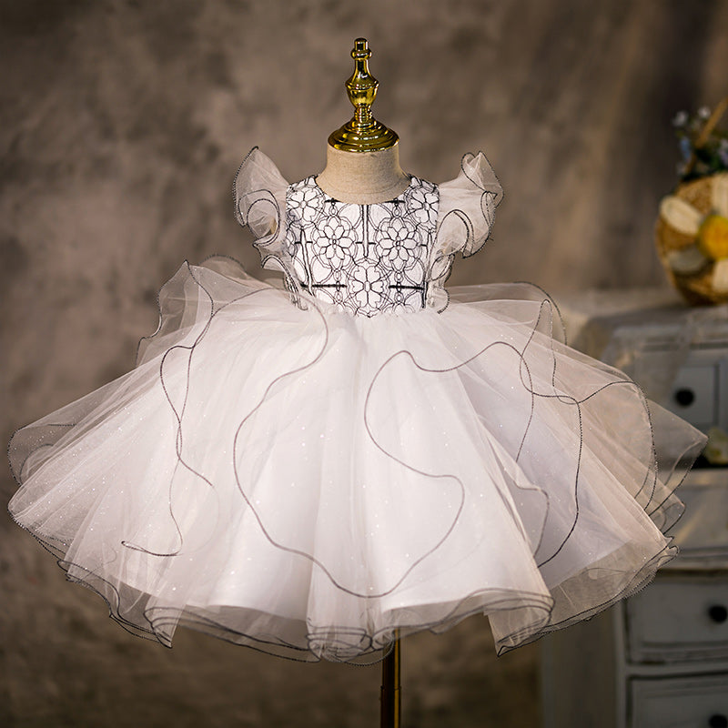 Robe blanche en organza pour fille de fleur, princesse, volants