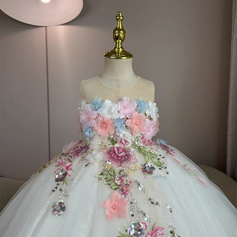 White Princess Flower Girl Dress - Lace & Tulle Sleeveless Gown