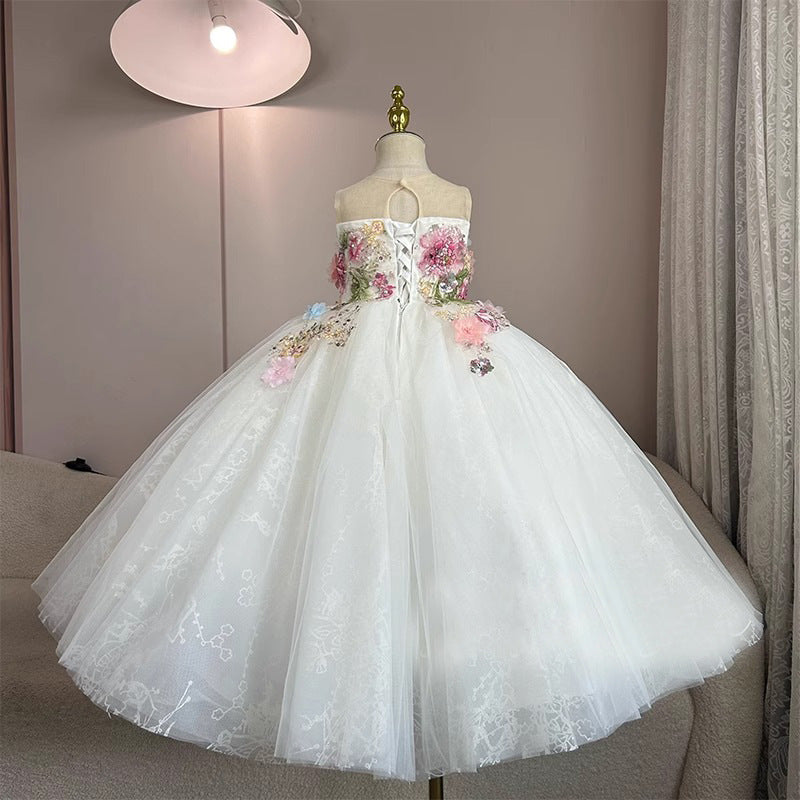 White Princess Flower Girl Dress - Lace & Tulle Sleeveless Gown