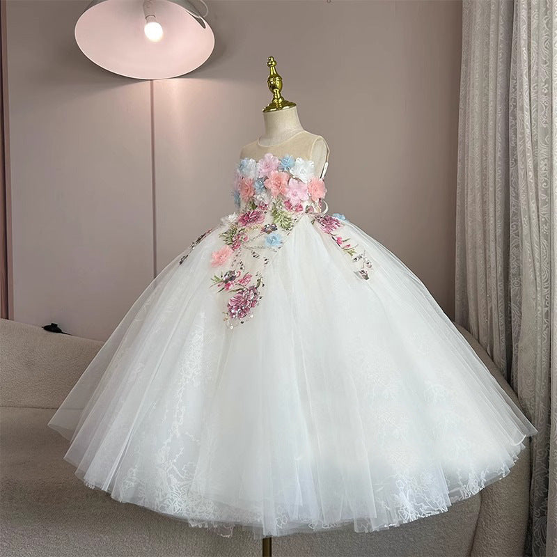 White Princess Flower Girl Dress - Lace & Tulle Sleeveless Gown