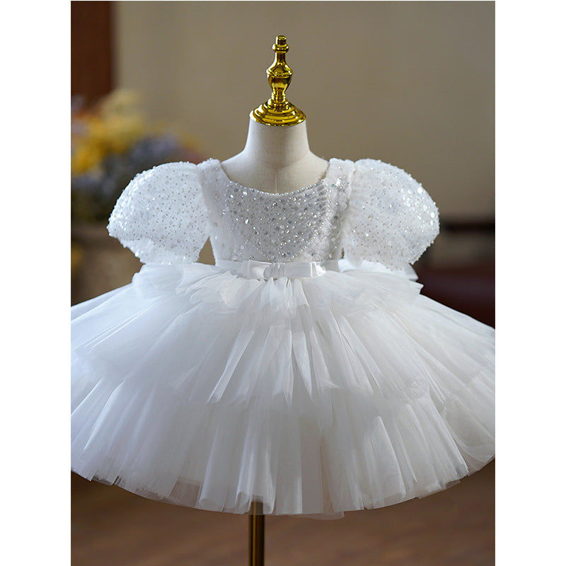 White Princess Flower Girl Dress - Sequin Tulle, Puff Sleeves