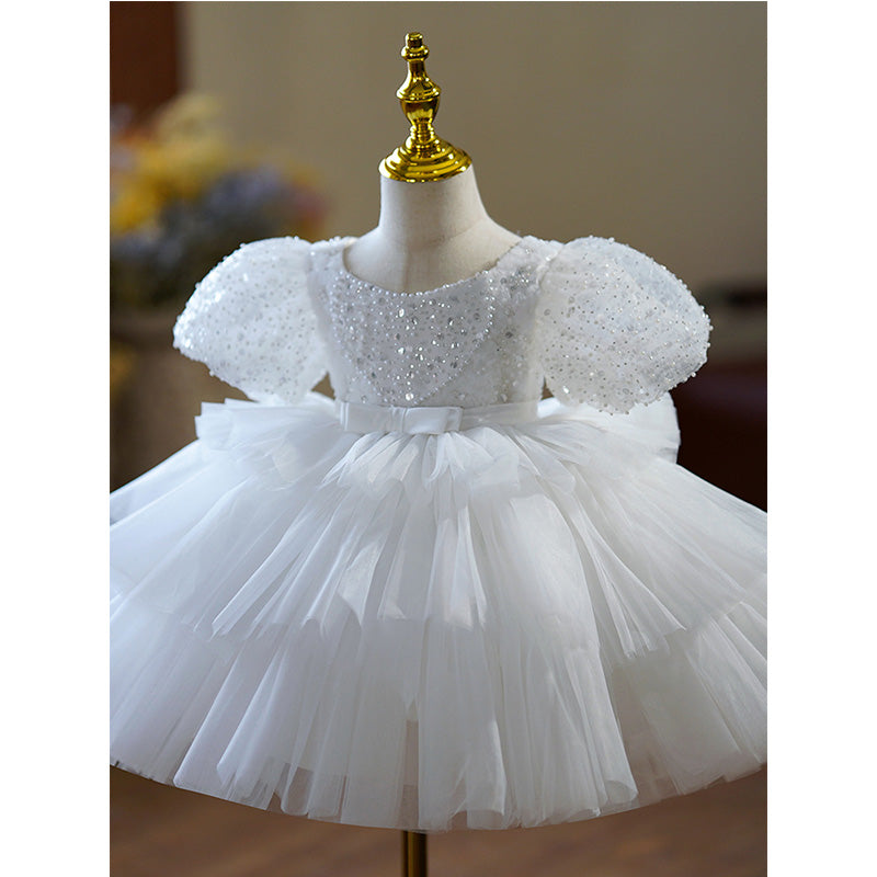 White Princess Flower Girl Dress - Sequin Tulle, Puff Sleeves