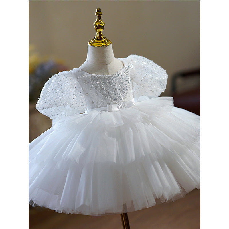 White Princess Flower Girl Dress - Sequin Tulle, Puff Sleeves
