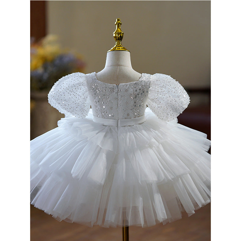 White Princess Flower Girl Dress - Sequin Tulle, Puff Sleeves