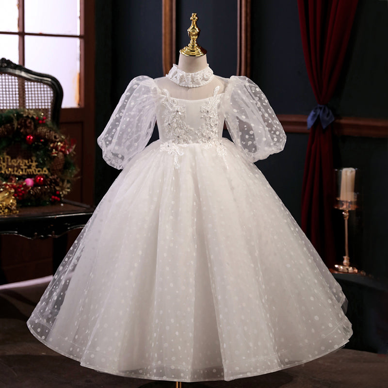White Princess Flower Girl Dress - Tulle, Sequin & Puff Sleeves