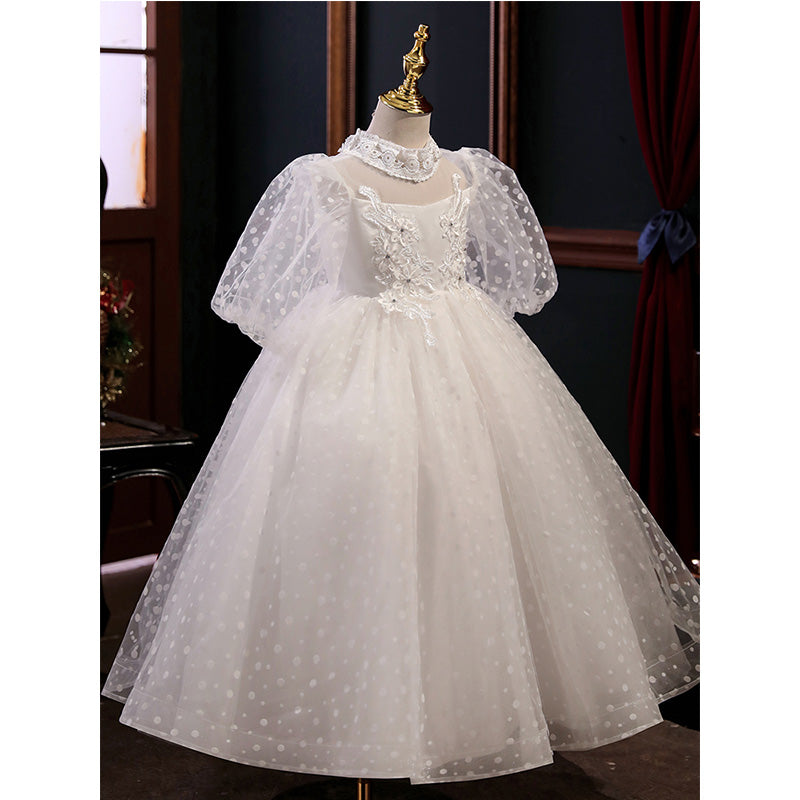 White Princess Flower Girl Dress - Tulle, Sequin & Puff Sleeves