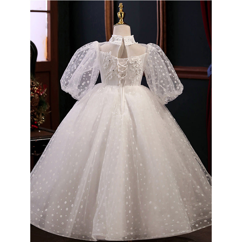White Princess Flower Girl Dress - Tulle, Sequin & Puff Sleeves