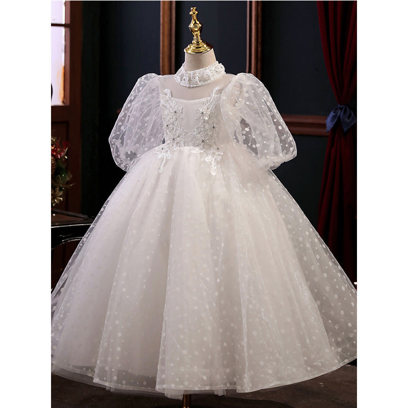 White Princess Flower Girl Dress - Tulle, Sequin & Puff Sleeves