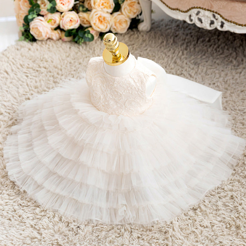 White Princess Flower Girl Dress with Lace and Bow Back