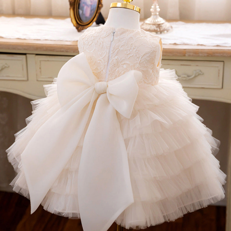 White Princess Flower Girl Dress with Lace and Bow Back