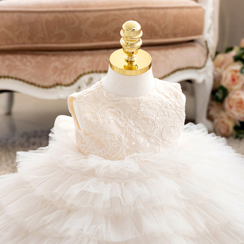 White Princess Flower Girl Dress with Lace and Bow Back