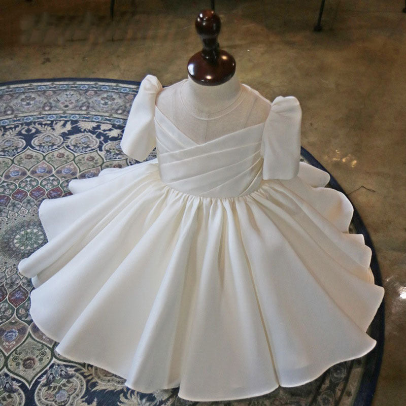 White Princess Flower Girl Dress with Ruffles and Bow