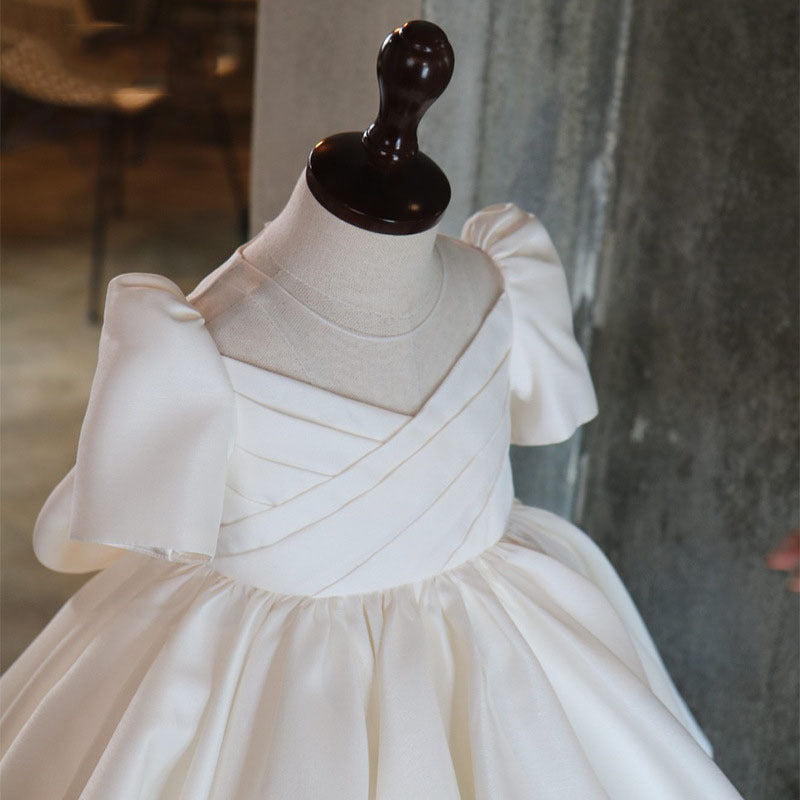 White Princess Flower Girl Dress with Ruffles and Bow