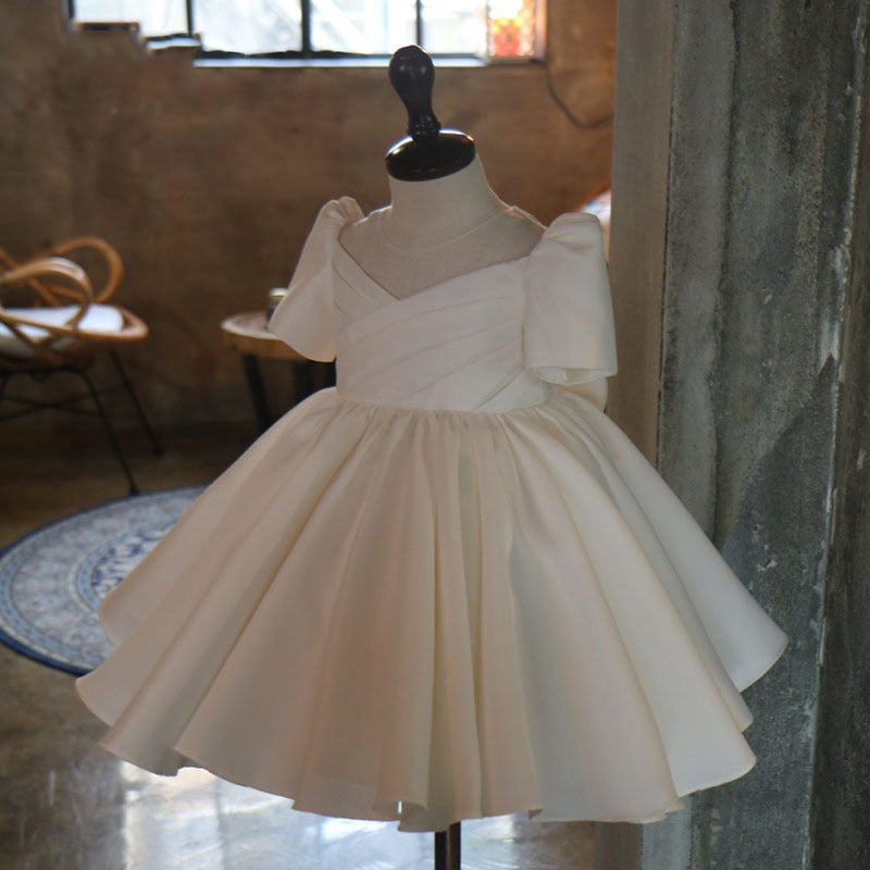 White Princess Flower Girl Dress with Ruffles and Bow