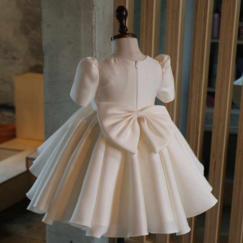 White Princess Flower Girl Dress with Ruffles and Bow