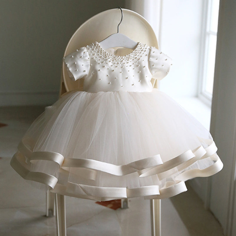 White Princess Flower Girl Dress with Tulle Ruffles & Bow
