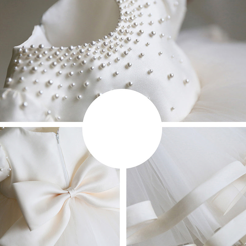 White Princess Flower Girl Dress with Tulle Ruffles & Bow