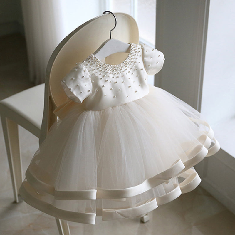 White Princess Flower Girl Dress with Tulle Ruffles & Bow