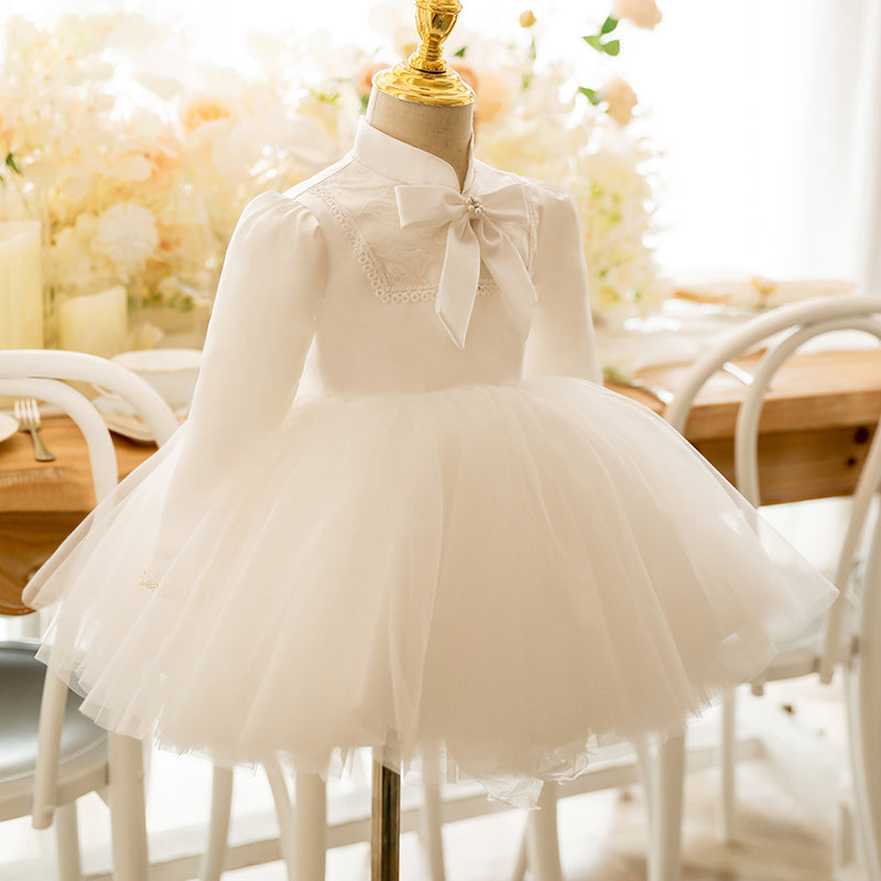 White Princess Flower Girl Dress: Mock Neck Long Sleeve