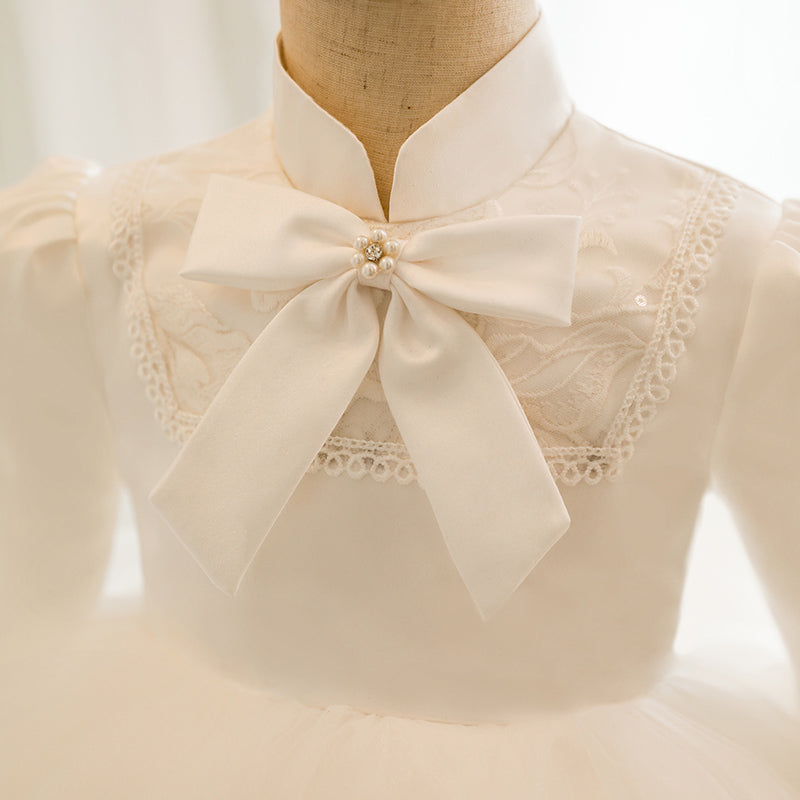 White Princess Flower Girl Dress: Mock Neck Long Sleeve