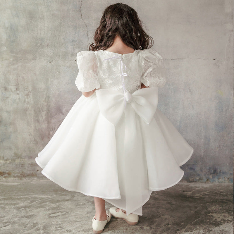 White Princess Lace and Organza Flower Girl Dress with Bows