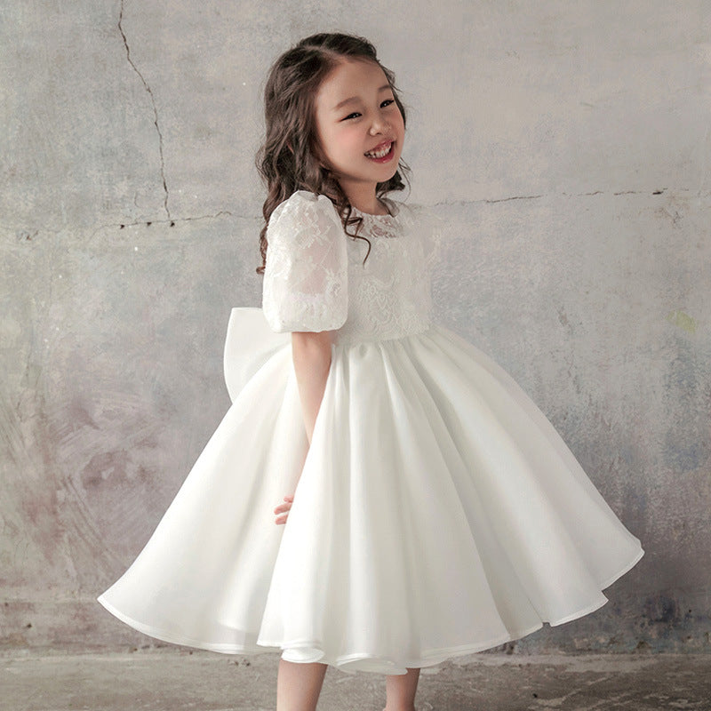 White Princess Lace and Organza Flower Girl Dress with Bows