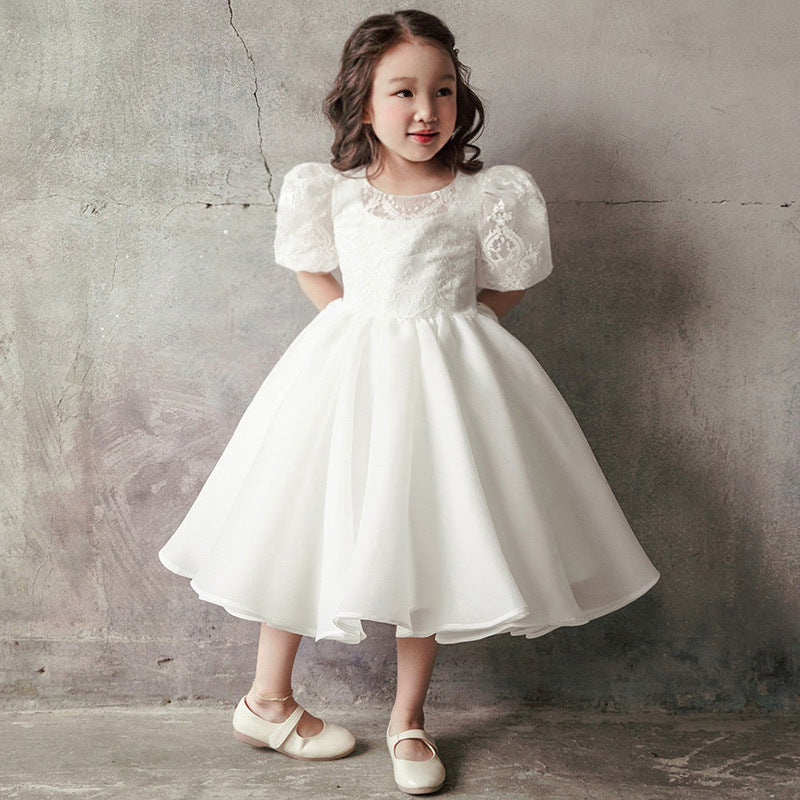 White Princess Lace and Organza Flower Girl Dress with Bows