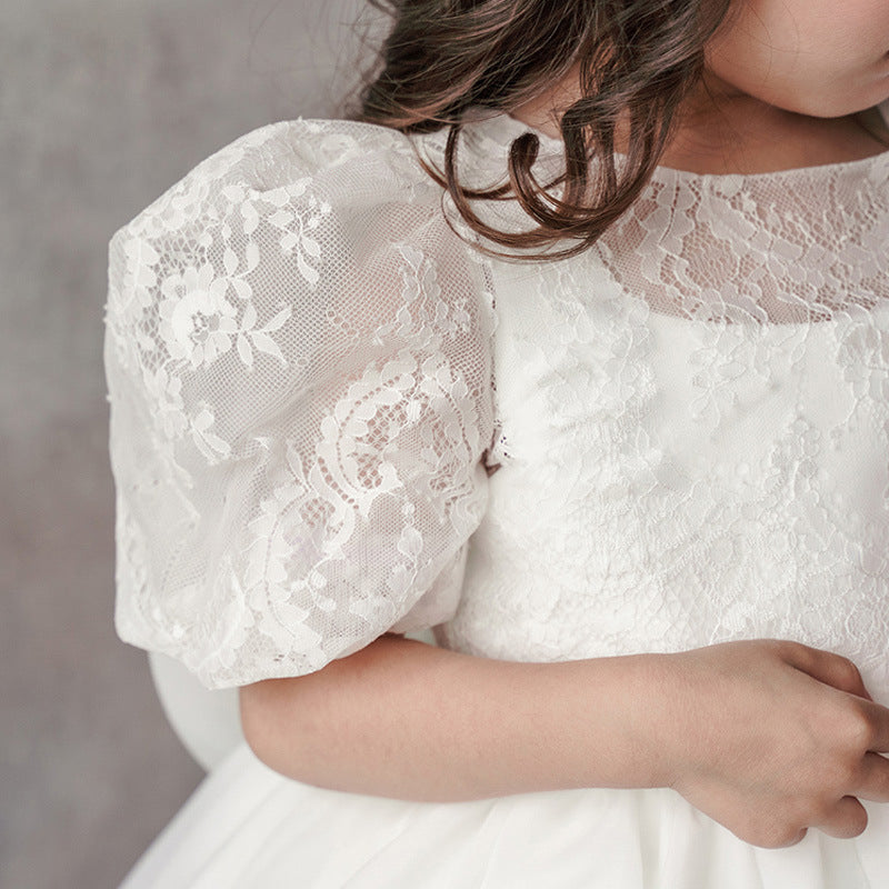 White Princess Lace and Organza Flower Girl Dress with Bows
