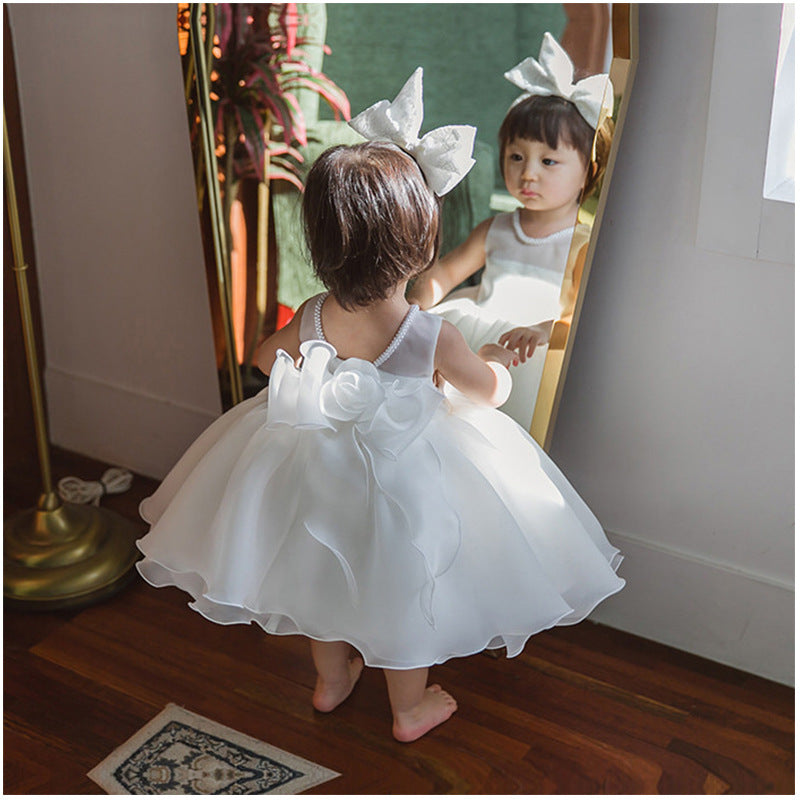 White Princess Organza Flower Girl Dress with Ruffles & Beading