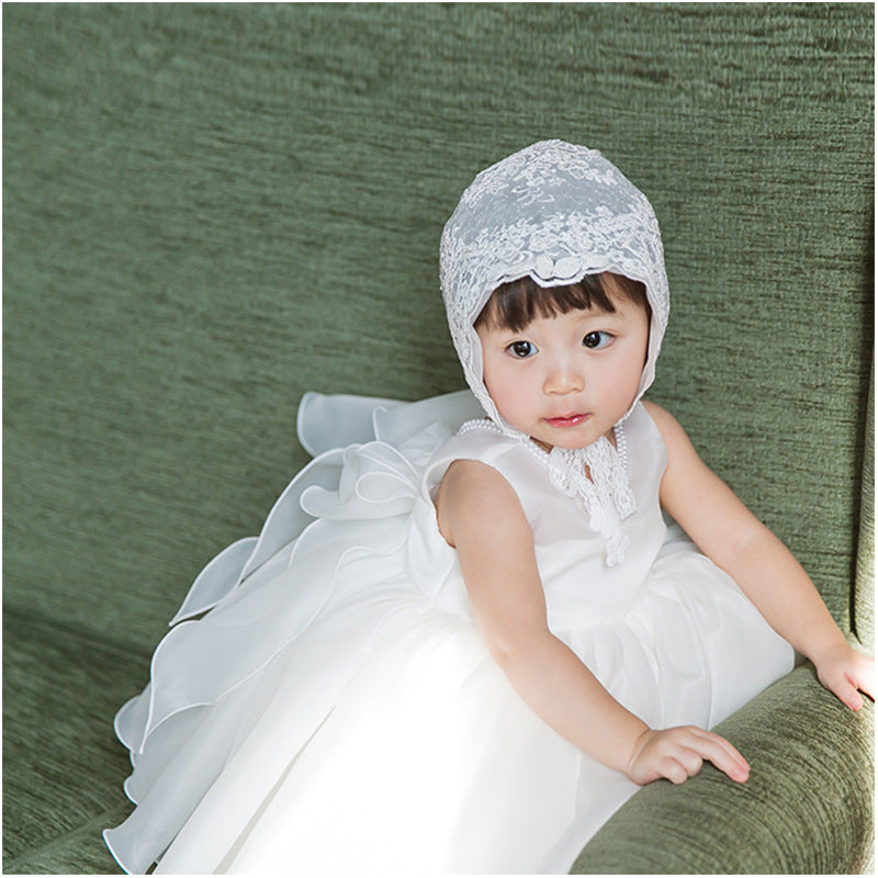 White Princess Organza Flower Girl Dress with Ruffles & Beading
