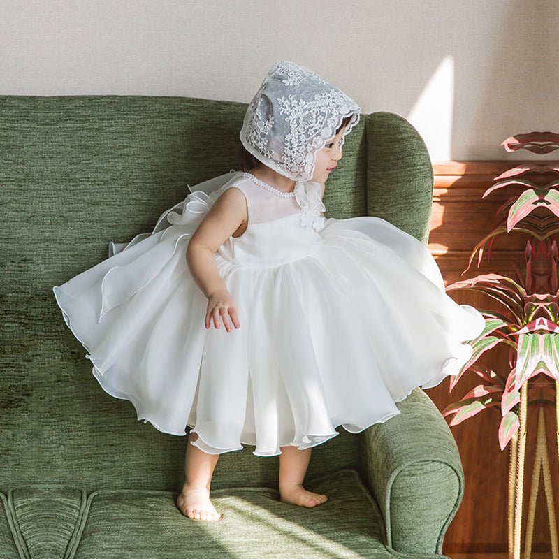 White Princess Organza Flower Girl Dress with Ruffles & Beading