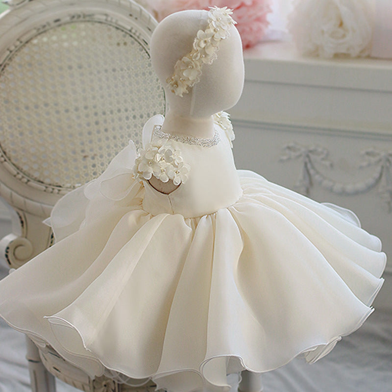 White Princess Organza Flower Girl Dress with Ruffles and Flowers