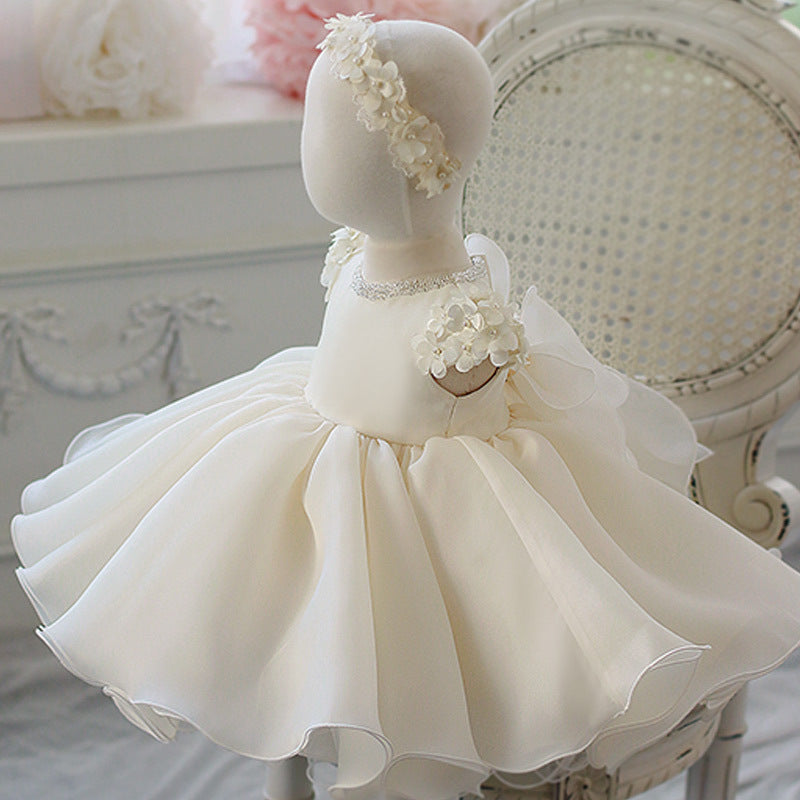 White Princess Organza Flower Girl Dress with Ruffles and Flowers
