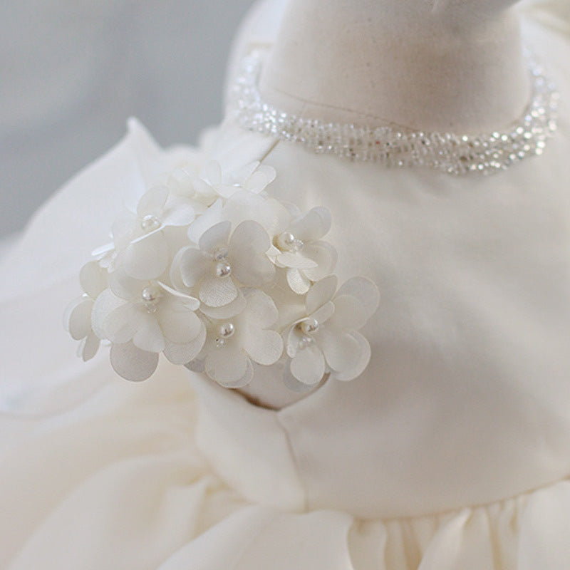 White Princess Organza Flower Girl Dress with Ruffles and Flowers