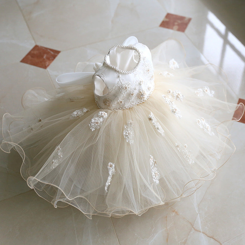 White Princess Organza Flower Girl Dress with Ruffles