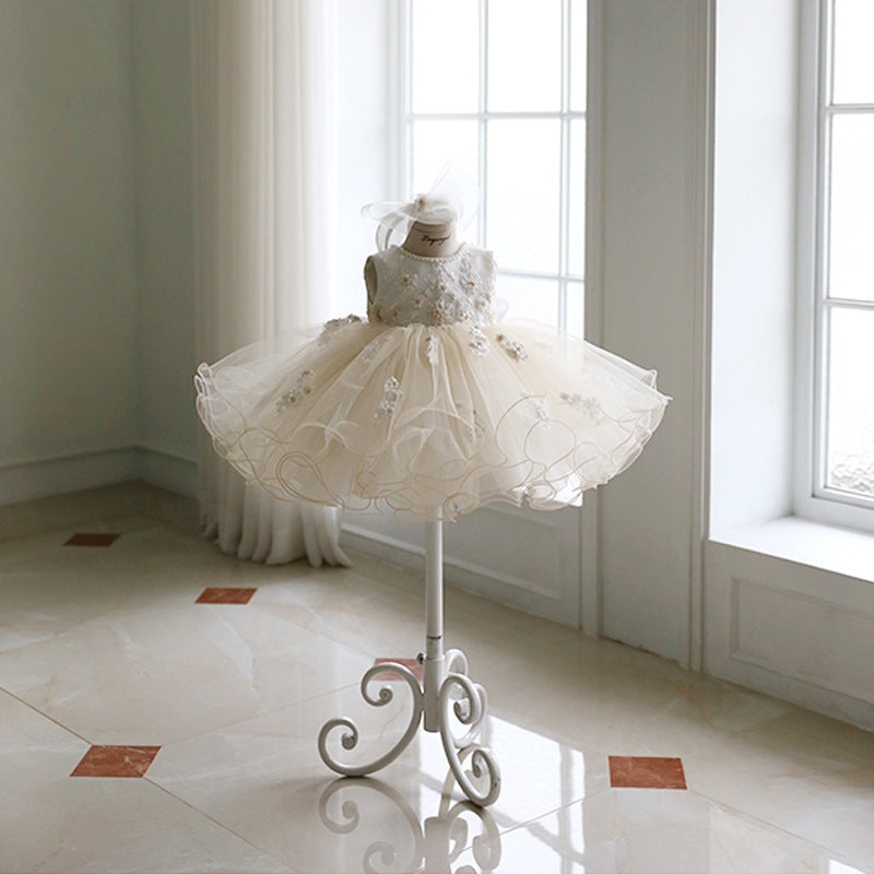 White Princess Organza Flower Girl Dress with Ruffles