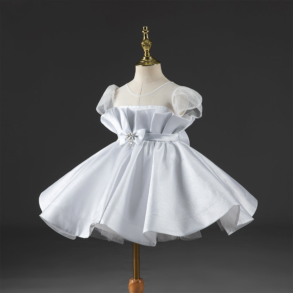 White Princess Organza Flower Girl Dress with Ruffles
