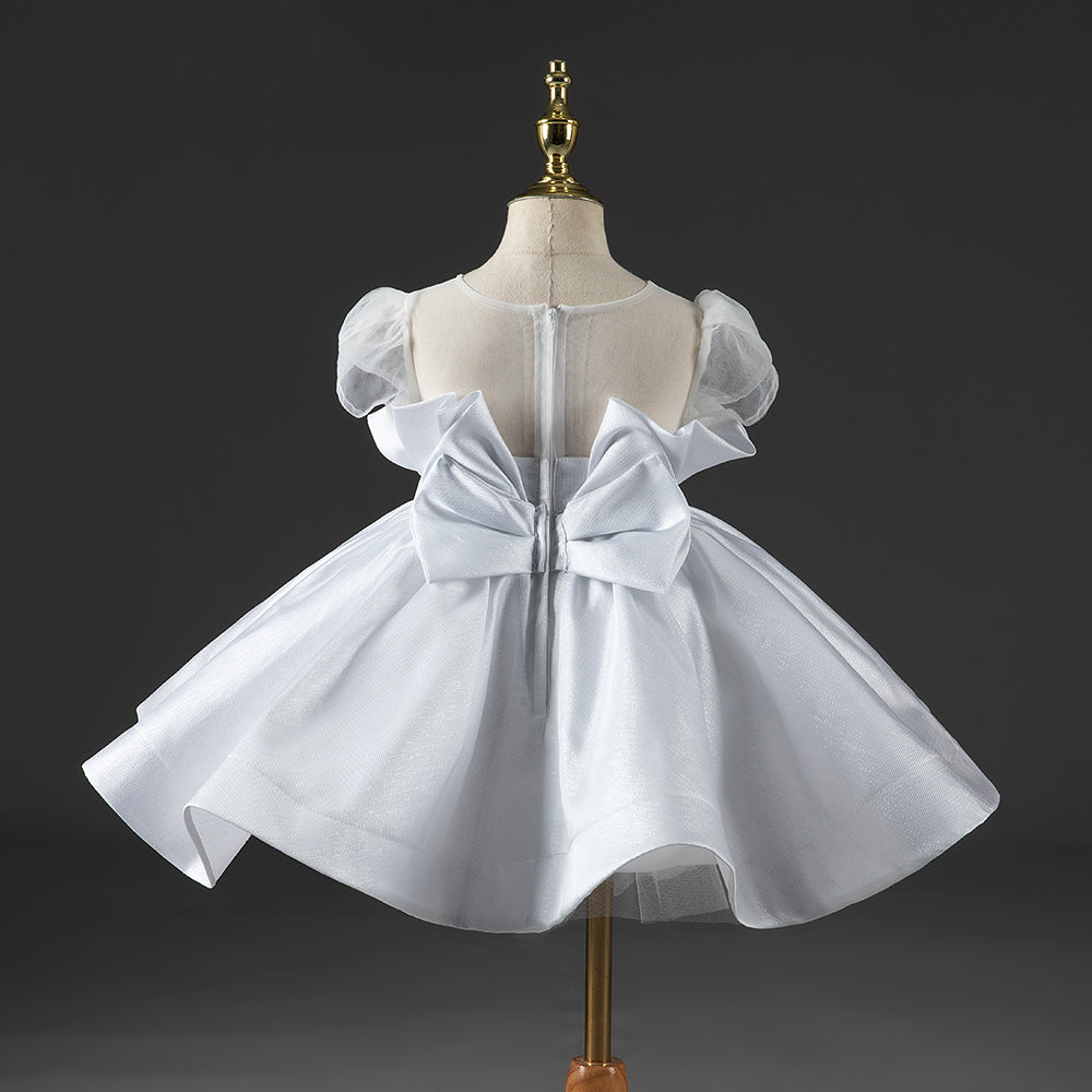 White Princess Organza Flower Girl Dress with Ruffles