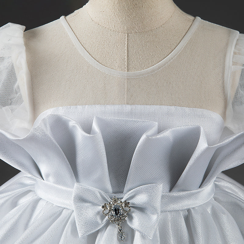White Princess Organza Flower Girl Dress with Ruffles