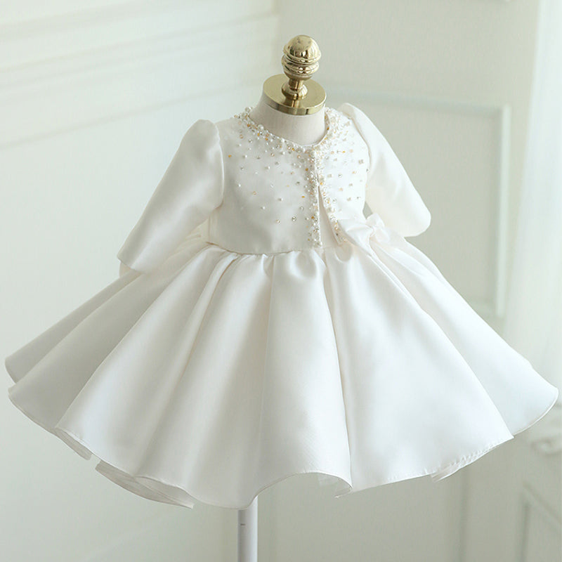 White Satin Princess Dress for Girls – Beaded Bow, Sleeveless, Knee Length