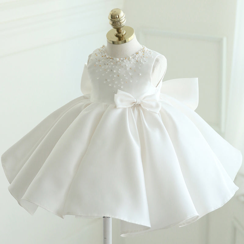 White Satin Princess Dress for Girls – Beaded Bow, Sleeveless, Knee Length