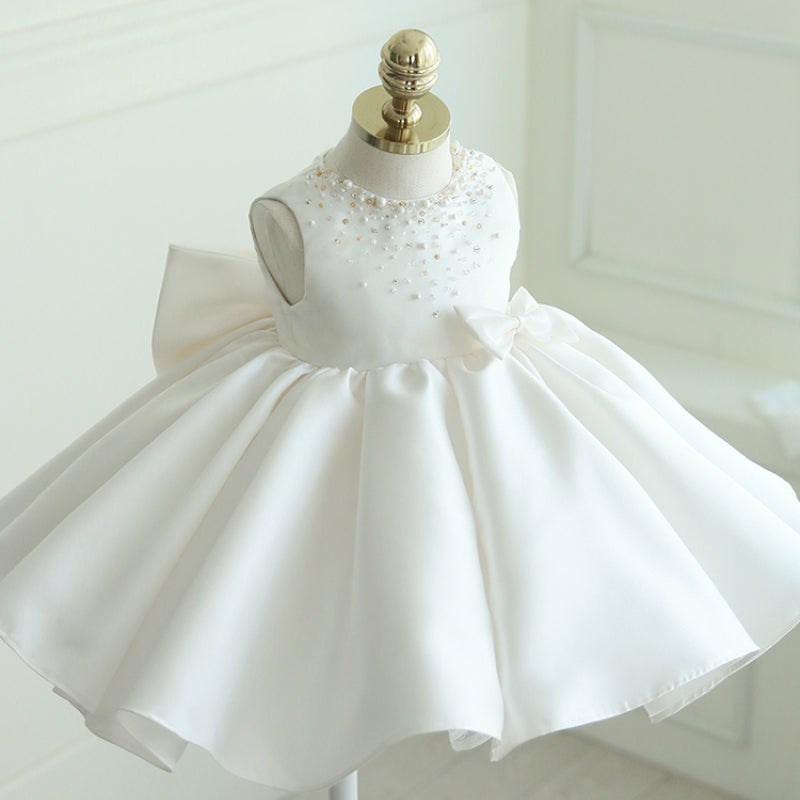 White Satin Princess Dress for Girls – Beaded Bow, Sleeveless, Knee Length