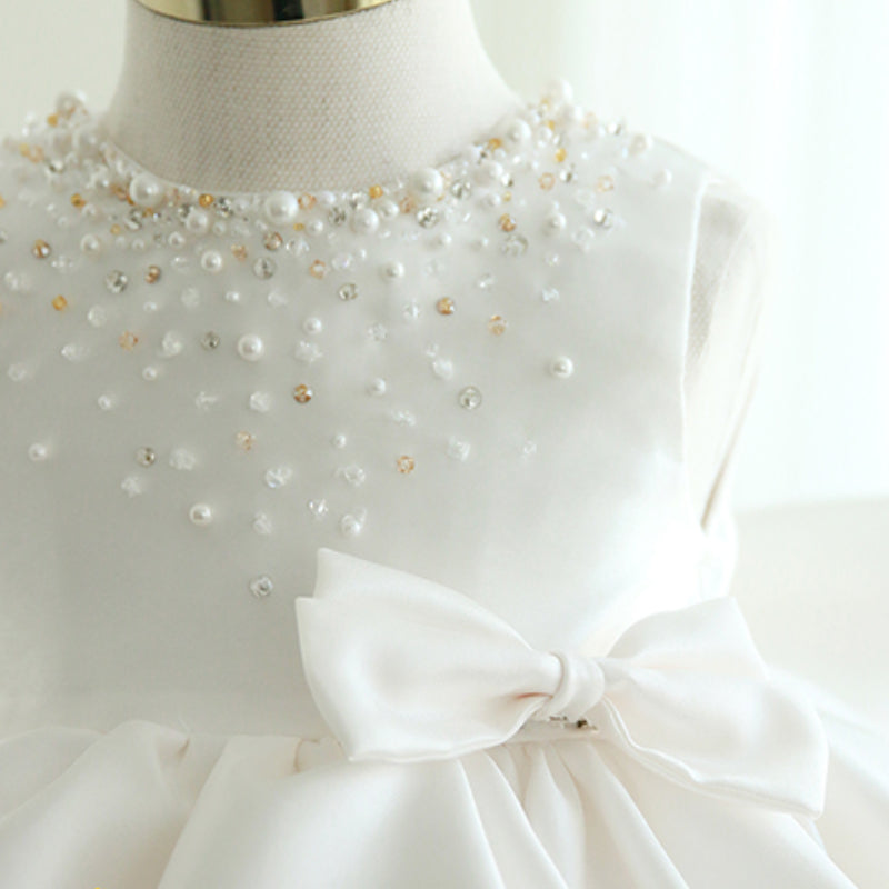 White Satin Princess Dress for Girls – Beaded Bow, Sleeveless, Knee Length