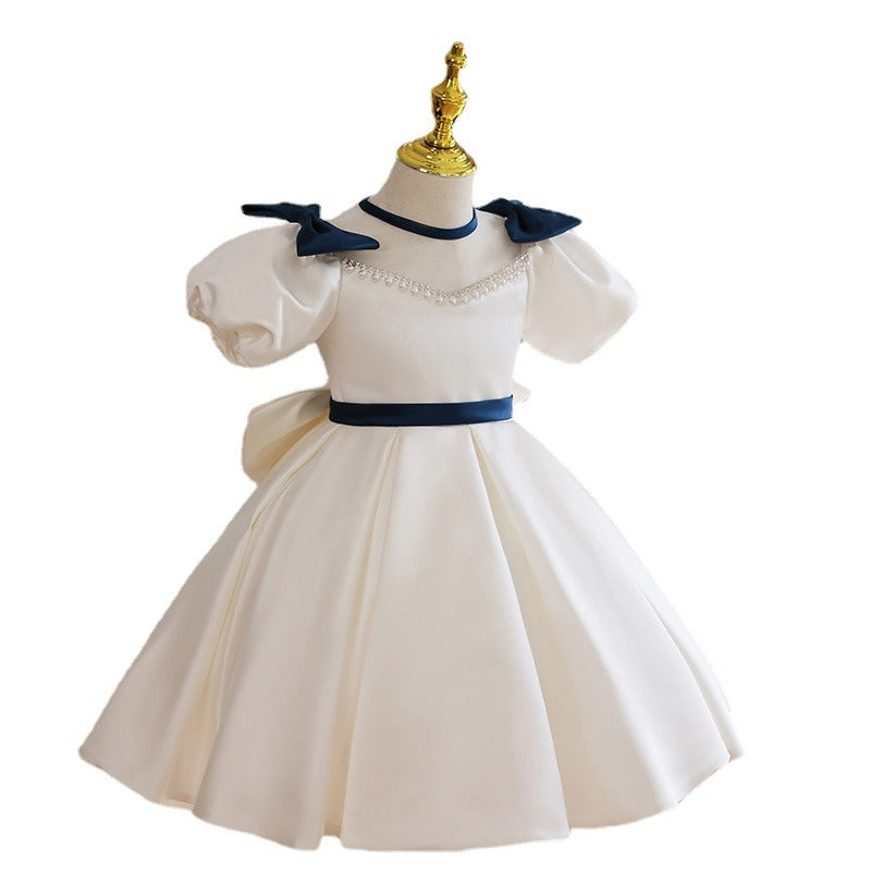 White Princess Tea Length Dress with Beaded Illusion Neckline & Bow | Special Occasion Girls Dress