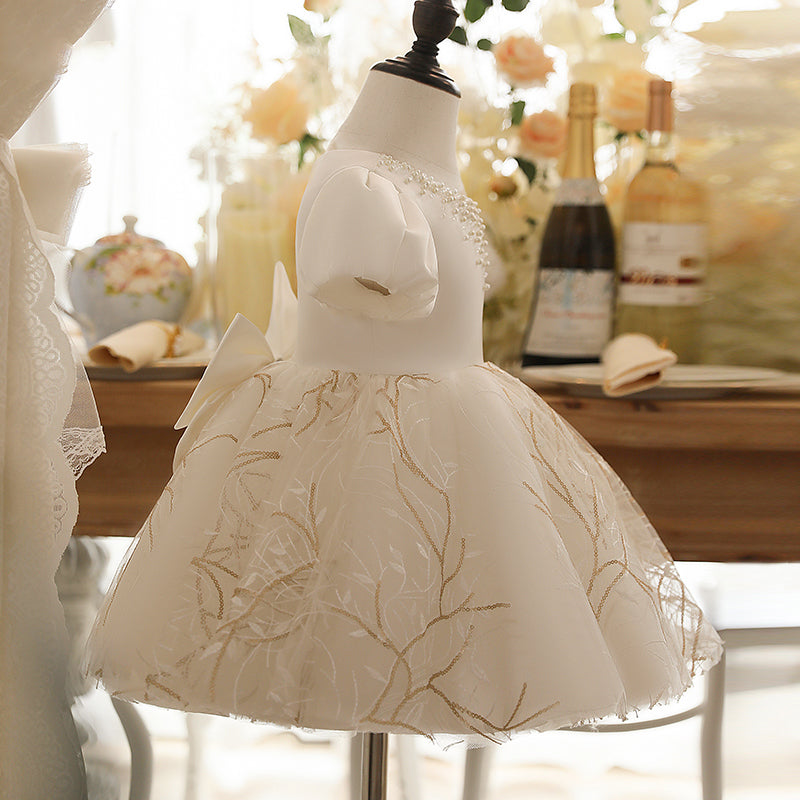 White Princess Tea-Length Flower Girl Dress with Beaded Lace