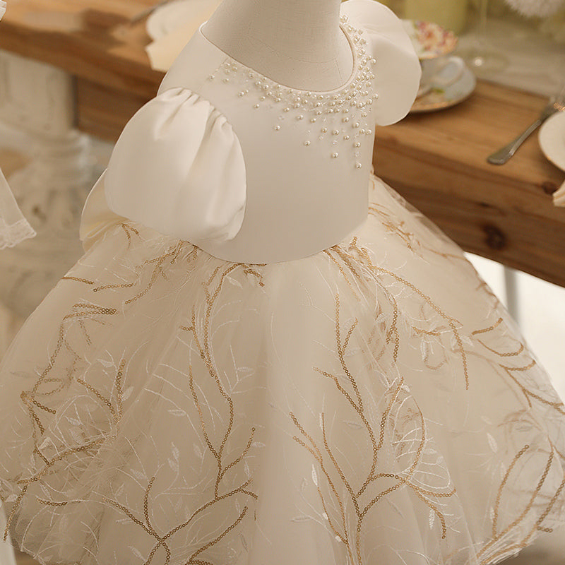 White Princess Tea-Length Flower Girl Dress with Beaded Lace