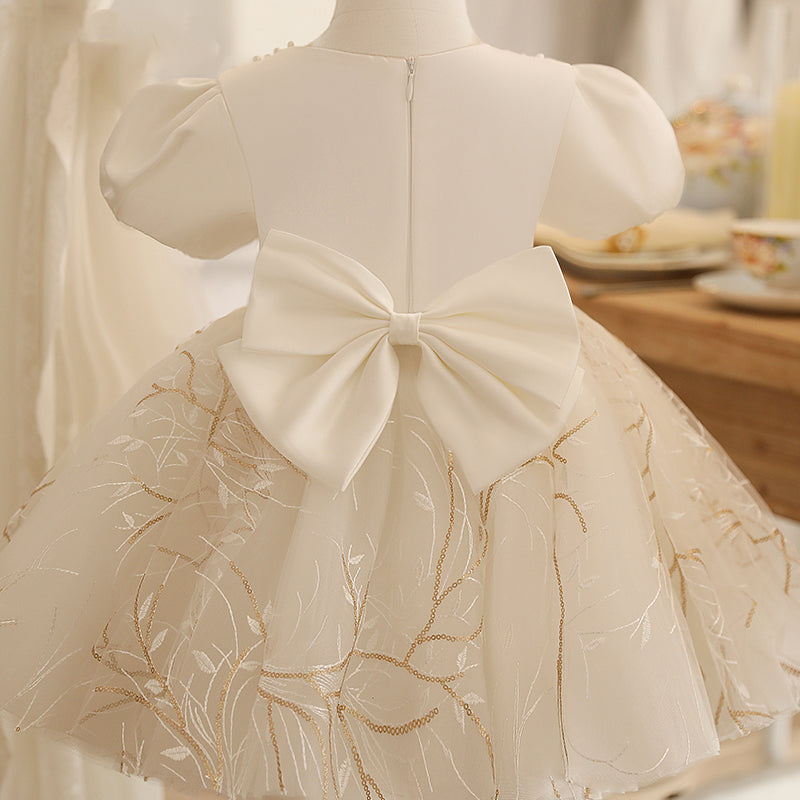 White Princess Tea-Length Flower Girl Dress with Beaded Lace