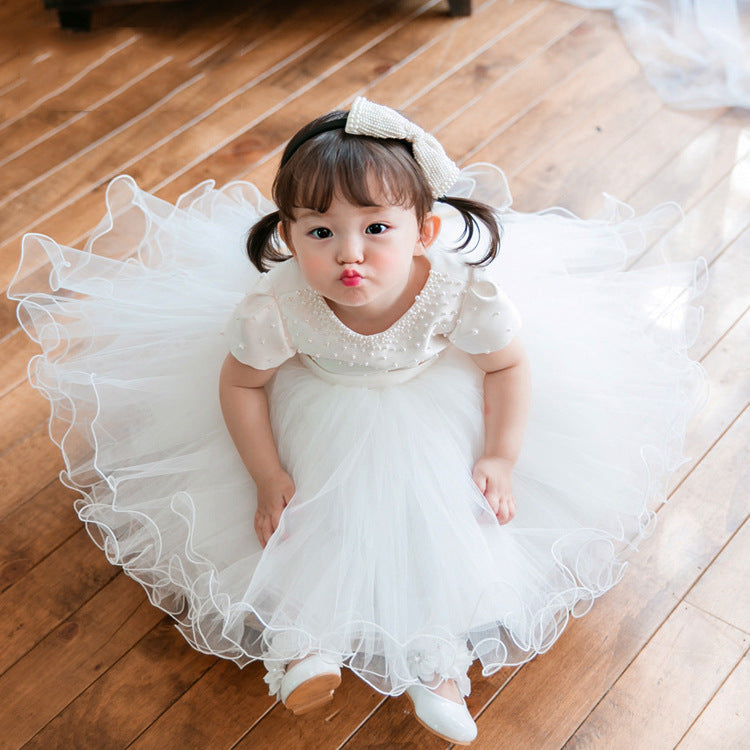 White Princess Tea-Length Flower Girl Dress with Cascading Ruffles